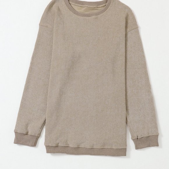 Cali Chic Women Sweatshirt Khaki Solid Ribbed Knit Round Neck Pullover - Picture 5 of 9